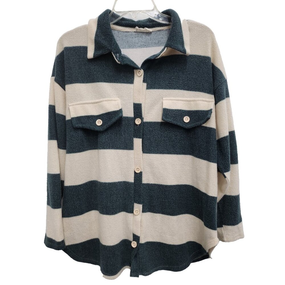 Hopely Womens Fleece Shirt Jacket Shacket Small Cream Teal Striped Oversized